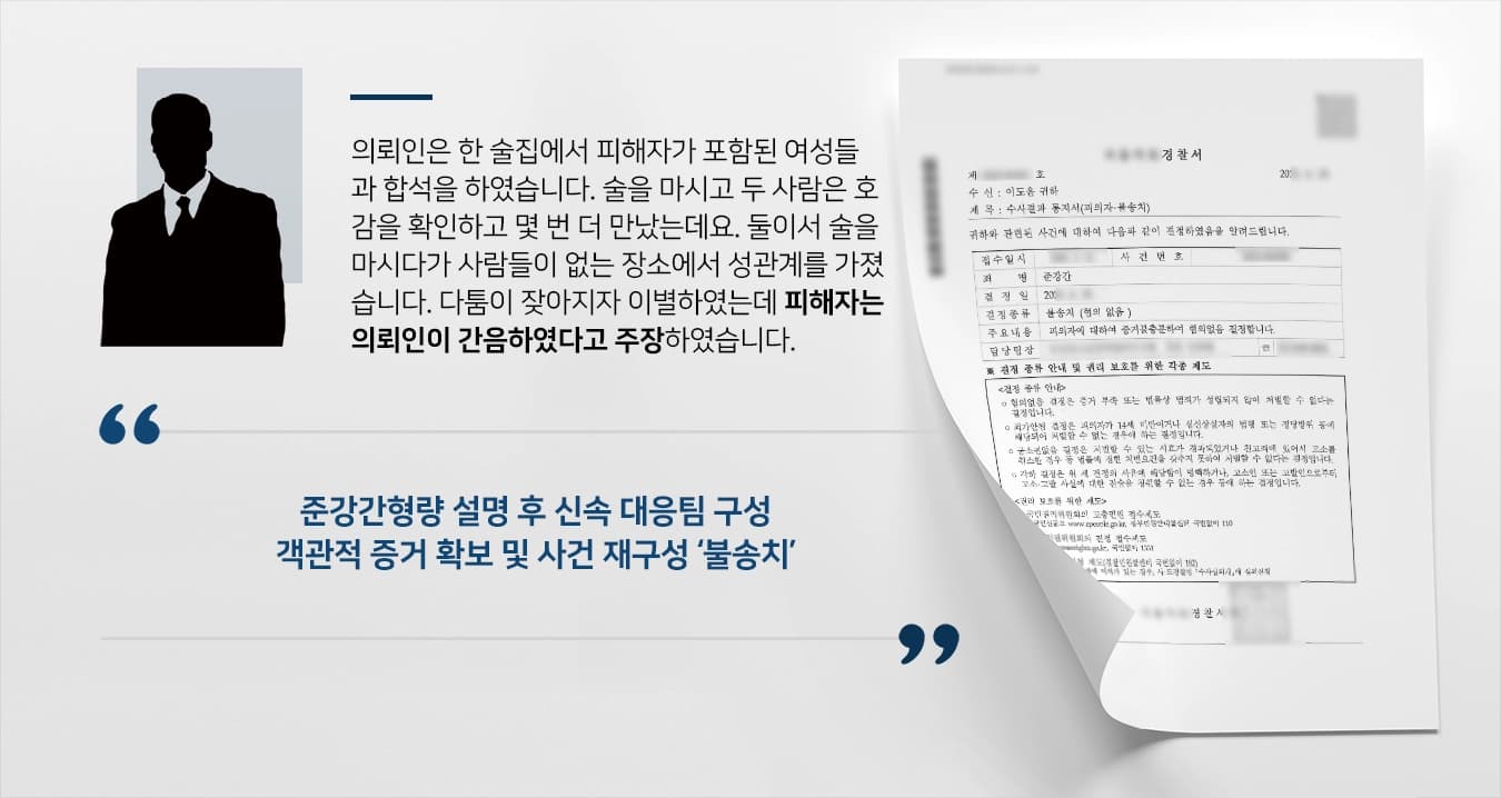 [성범죄변호사 성공사례] 준강간형량 등 설명 후 맞춤 전담팀 구성, 객관적 증거 토대 불송치